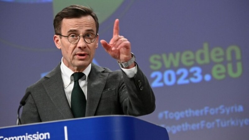 Schweden hat aktuell die EU-Ratspräsidentschaft inne, deswegen lud Regierungschef Kristersson zur Geberkonferenz. (Bild: APA/AFP/John THYS)