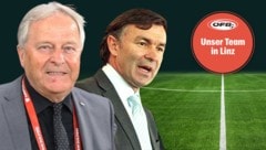 EX-ÖFB-Boss Leo Windtner und Ex-Sportdirektor Willi Ruttensteiner (Bild: Gepa/Christian Ort, zVg, stock.adobe.com, Krone KREATIV)