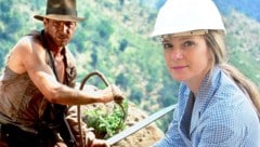 „Indy“-Darsteller Harrison Ford und Karin Fischer-Ausserer, Leiterin der Wiener Stadtarchäologie (Bild: Paramount, privat, Krone KREATIV)