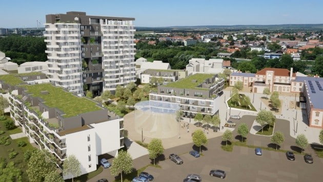 Ein eigenes Viertel soll in den kommenden Jahren rund um die „Erbse“ in Bruckneudorf entstehen. (Bild: Puma Architekten)