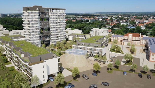 Ein eigenes Viertel soll in den kommenden Jahren rund um die „Erbse“ in Bruckneudorf entstehen. (Bild: Puma Architekten)