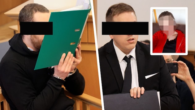 Manuel H. und Fabian W. beim Prozess um den Mord an Samantha im Wiener Landesgericht. (Bild: Zwefo, zVg, Krone KREATIV)