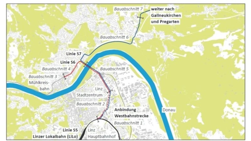 Der Verlauf der geplanten OÖ-Stadtregionalbahn, die schrittweise in mehreren Bauphasen umgesetzt werden soll, die in der Grafik auch angeführt sind. Sie stammt aus dem aktuellen Rechnungshofbericht. (Bild: Bundesrechnungshof)