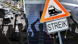 In Deutschland wird gestreikt - und das hat massive Auswirkungen auch auf den Flug-, Bahn- und Straßenverkehr in Österreich. (Bild: stock.adobe.com, APA/dpa/Uwe Lein, APA/Christian Charisius, Patrick Huber, Krone KREATIV)