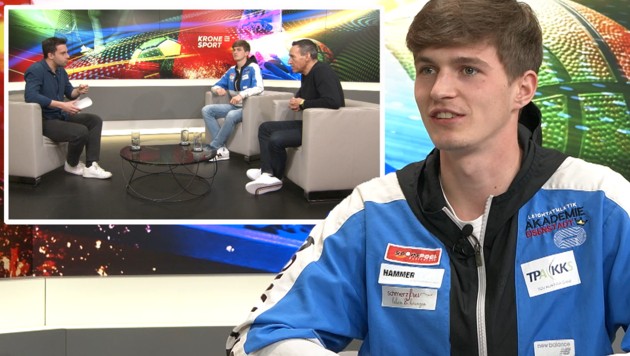 Niklas Strohmayer-Dangl (im kleinen Bild mit Mental-Betreuer Christian Stelzhammer und Moderator Michael Fally) ist dabei, die große Leichtathletik-Welt zu erobern. (Bild: krone.tv)