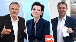 Hans Peter Doskozil, Pamela Rendi-Wagner und Andreas Babler (von links) stehen bis zum 10. Mai zur Wahl. Die Frage ist: Wer ist der bessere Linkspopulist. Der Wahlerfolg der Kommunisten in Salzburg könnte die Stimmung beeinflussen. (Bild: APA/ROBERT JAEGER, APA/HELMUT FOHRINGER, APA/ROLAND SCHLAGER, Krone KREATIV)