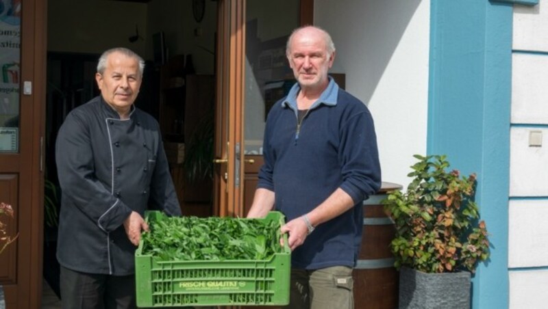 Antonio (links) und Hans Titz (rechts) mit dem frisch geschnittenen Bärlauch. (Bild: Charlotte Titz)