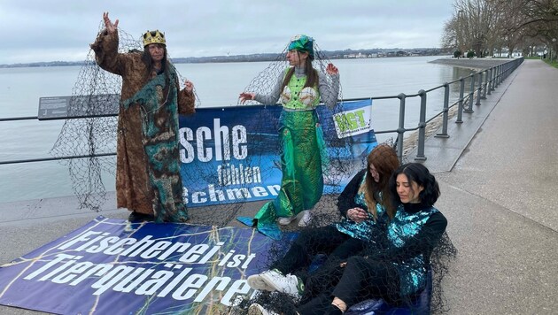 In Bregenz verkleiden sich Aktivistinnen als Wassermenschen, um zu zeigen, wie ähnlich Fische hinsichtlich Schmerzen sind. (Bild: VGT)