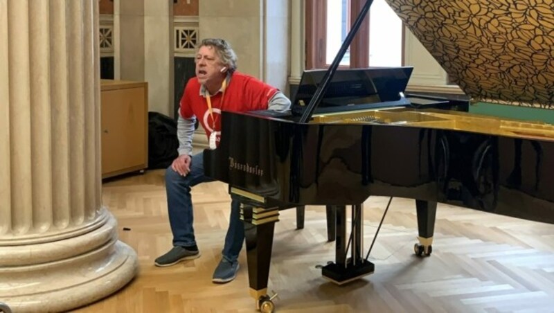 Ende März hat sich ein Aktivist der Partei Wandel am goldenen Klavier im Parlament festgeklebt. (Bild: Wandel)