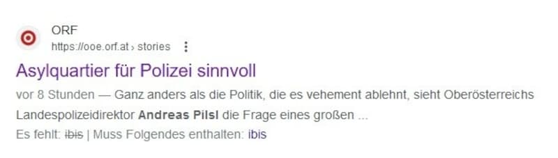 Die Google-Vorschau auf eine ORF-Onlinegeschichte „mit Pilsl“, die es bei Weiterverfolgung des Links aber nicht mehr gibt... (Bild: Screenshot)