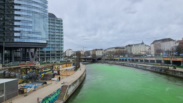 „Giftgrüner“ Donaukanal - der Farbguss könnte die Umwelt gefährdet haben. (Bild: Extinction Rebellion Österreich)