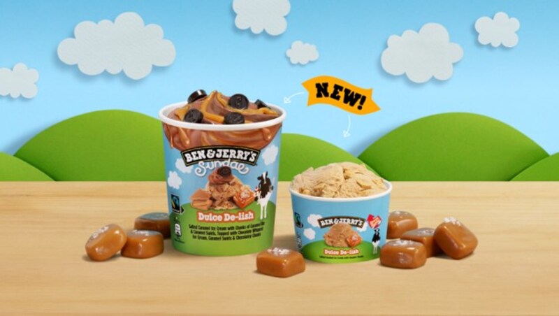 Salziges Karamell-Eis mit Weichkaramellstückchen und Karamellstrudeln, softem Schokoladen-Topping, noch mehr Karamell-Swirls und schokoladigen Chunks. Das ist die neue Dulce-De-Lish Eissorte (Bild: Ben & Jerry‘s)