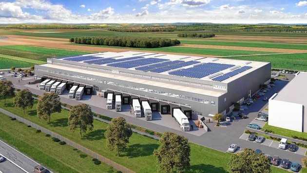 Am Dach der neuen Logistikhalle alle wird eine Fotovoltaikanlage mit 650 KWp Leistung installiert. Geheizt wird mit Wärmepumpen. (Bild: Pletzer Immobilien)