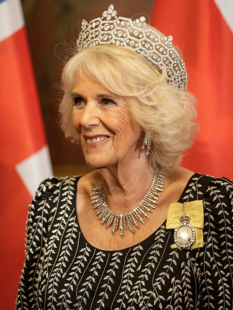 Königsgemahlin Camilla trug eines der Liebling-Diamant-Diademe von Queen Elizabeth sowie eine Halskette, die die verstorbene Königin 1957 zur Hochzeit von Prinz Philip geschenkt bekommen hatte. (Bild: APA/AFP/POOL/Ian Vogler)