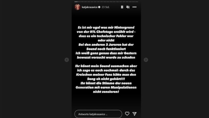 Katja Krasavice ärgerte sich in ihren Instagram-Storys über eine Ton-Panne bei der „DSDS“-Liveshow am Samstagabend. (Bild: instagram.com/katjakrasavice)