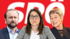 Rund um die Mitgliederbefragung zum Vorsitz bilden sich SPÖ-Lager: Max Lercher unterstützt Hans Peter Doskozil, Julia Herr hegt Sympathien für Andreas Babler und Margit Fischer (re.) setzt sich für Pamela Rendi-Wagner ein. (Bild: Starpix_Alexander Tuam, APA, Krone KREATIV)