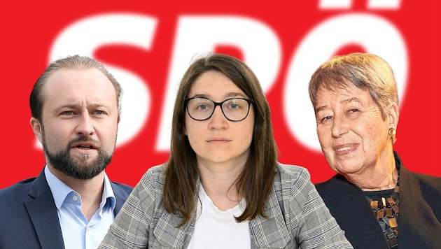 Rund um die Mitgliederbefragung zum Vorsitz bilden sich SPÖ-Lager: Max Lercher unterstützt Hans Peter Doskozil, Julia Herr hegt Sympathien für Andreas Babler und Margit Fischer (re.) setzt sich für Pamela Rendi-Wagner ein. (Bild: Starpix_Alexander Tuam, APA, Krone KREATIV)