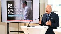 ÖVP-Generalsekretär Christian Stocker präsentierte am Montag die Frühjahrskampagne mit den Slogans „Österreich 2030‘“ und „Arbeiten für Österreich“. (Bild: APA/HELMUT FOHRINGER)