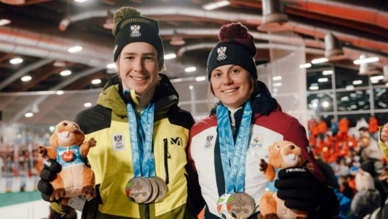 Der Silbertaler Moritz Zudrell (li. mit Nadine Hundegger) holte sich beim EYOF in Italien gleich dreimal Bronze. (Bild: GEPA pictures)