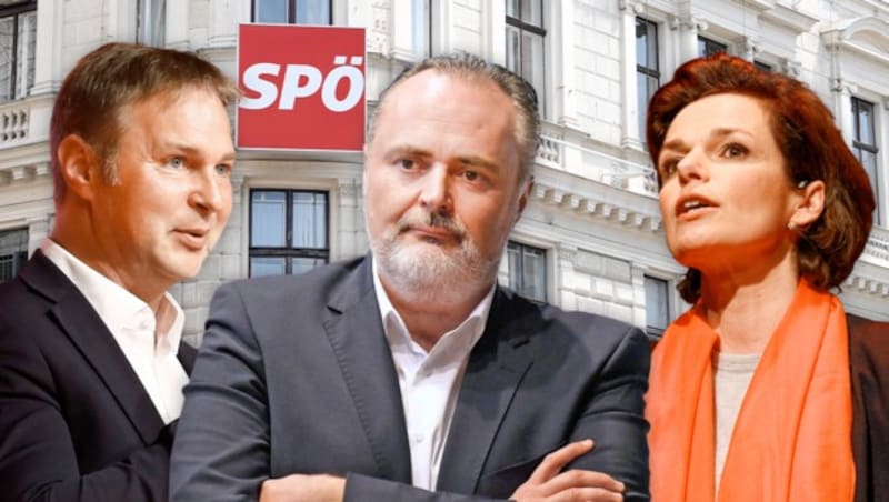 Andreas Babler, Hans Peter Doskozil und Pamela Rendi-Wagner (v.l.) (Bild: APA, Krone KREATIV)