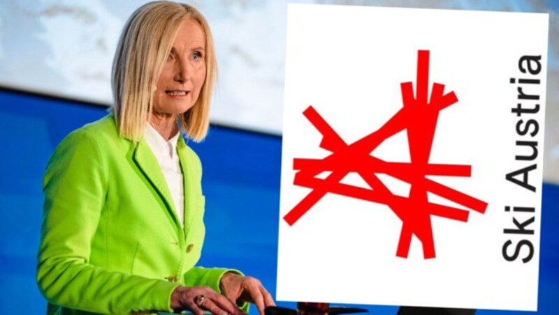 Roswitha Stadlober und das neue ÖSV-Logo (Bild: Kronen Zeitung)