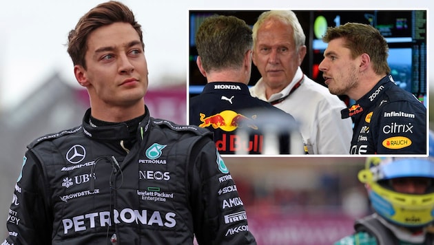 George Russell legt im Streit mit Max Verstappen nach. (Bild: AP, krone.at-grafik)