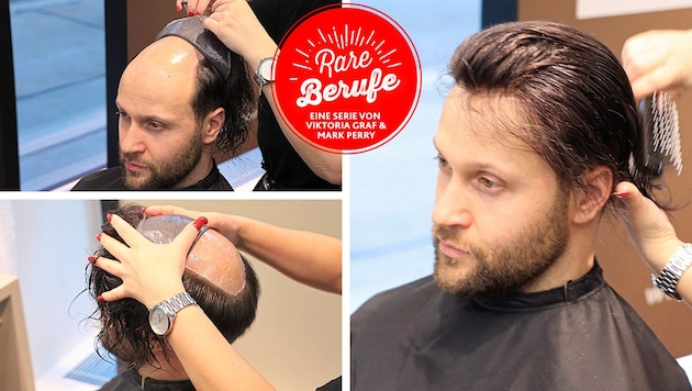 Der obere Kopf wird vorher abrasiert, alle drei Wochen muss nachrasiert werden. Danach kann das Haarsystem mit wenig Übung auch zuhause alleine angebracht werden. (Bild: Zwefo, Krone KREATIV)