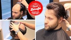 Der obere Kopf wird vorher abrasiert, alle drei Wochen muss nachrasiert werden. Danach kann das Haarsystem mit wenig Übung auch zuhause alleine angebracht werden. (Bild: Zwefo, Krone KREATIV)