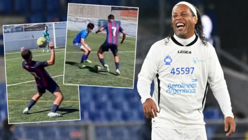 Ronaldinhos Sohn Joao Mendez zeigt bei seinem Debüt für die U19 des FC Barcelona, was er drauf hat. (Bild: APA/AFP/Andreas SOLARO/twitter.com@eurofootcom/krone.at-kreativ)