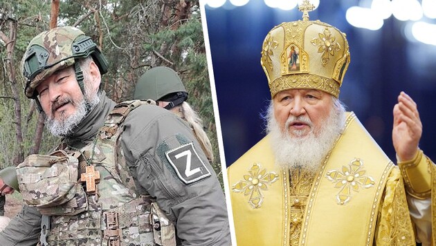 Das Oberhaupt der Russisch-Orthodoxen Kirche (re.) steht hinter Putin und gibt dem Westen die Schuld am Krieg - nun greift der Patriarch zu neuen Mitteln. (Bild: AFP, Screenshot/twitter.com/@MuhamadeevFarit, Krone KREATIV)