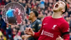 Schiedsrichter-Assistent Konstantin Hatzidakis verpasste Liverpool-Star Andy Robertson zur Halbzeit gegen Arsenal offenbar einen Ellbogenschlag. (Bild: Associated Press/Twitter.com@LFC Transfer Room/krone.at-kreativ)