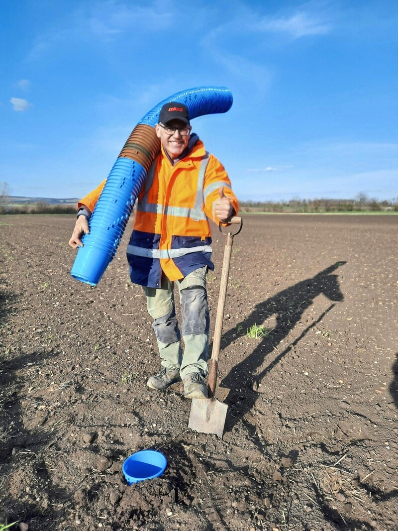 Johannes Kraus vergräbt Pheromonfallen gegen die Rüsselkäfer auf seinen Feldern. (Bild: Johannes Kraus)