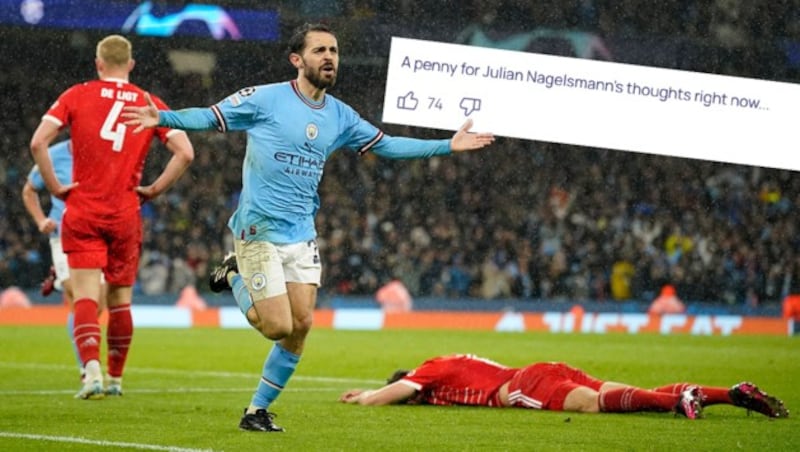 Bernardo Silva jubelt, die Bayern liegen am Boden und die UEFA spottet. (Bild: AP, UEFA)