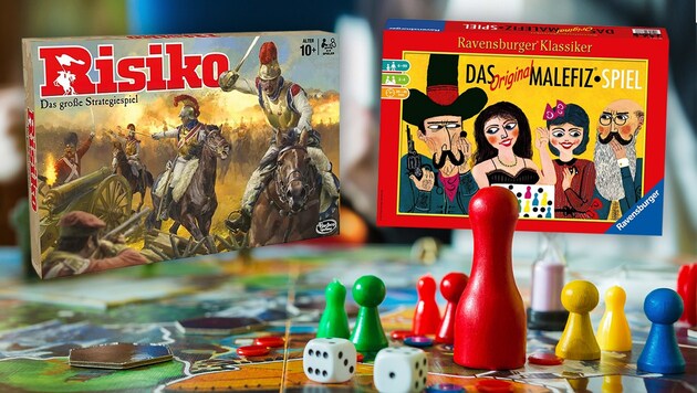 „Risiko“ und „Malefiz“ sind zwei Uralt-Klassiker, die zuletzt in Kritik geraten sind. (Bild: Hasbro, Ravensburger, oleg_ermak - stock.adobe.com, Krone KREATIV)