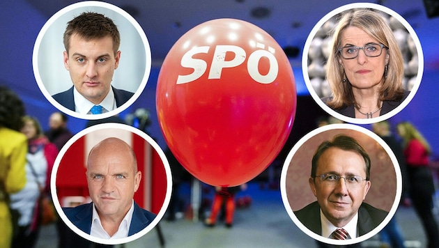 Schweigen zur SPÖ-Cheffrage: Hergovich, Wieser, Königsberger-Ludwig und Stadler (v. li.) (Bild: www.picturedesk.com/EVA MANHART/APA, Imre Antal, AK-NÖ/Vyhnalek, Kaefer Herbert, Konstantin Mikulitsch, Krone KREATIV)