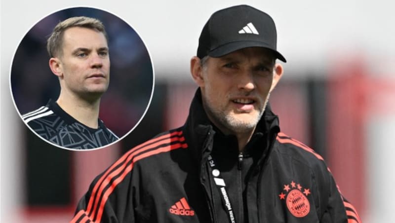 Bayern-Trainer Thomas Tuchel (re.) freut sich über eine Rückkehr von Manuel Neuer (Bild: APA/AFP/krone.at-Grafik)