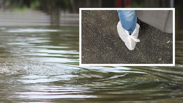 Der Durchgang am Bahnhof war wieder überschwemmt. Nur Müllsacke über den Schuhen hielten die Füße trocken. (Bild: stock.adobe.com, zVg, Krone KREATIV)