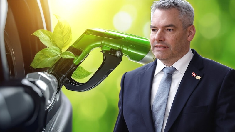 Österreichs Bundeskanzler Karl Nehammer sorgte mit dem Vorschlag, E-Fuels großflächig einzusetzen, für Schlagzeilen.  (Bild: APA/AFP/Kenzo TRIBOUILLARD, stock.adobe.com, Krone KREATIV)