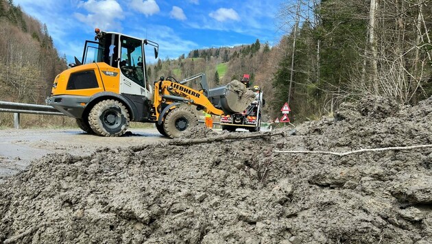 Die Mure blockiert die Wiestal Landesstraße in Adnet. (Bild: Markus Tschepp)