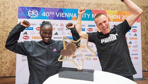 Sie weisen beim 40. Vienna City Marathon die schnellsten Zeiten auf: Visiline Jepkesho (Kenia) und Sondre Moen (Norwegen) (Bild: VCM / Leo Hagen)