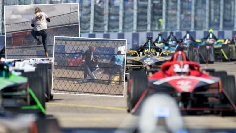 Klima-Kleber sorgten beim Formel-E-Rennen in Berlin für eine Unterbrechung vor dem Start. (Bild: GEPA/Twitter@AufstandLastGen/krone.at-kreativ)