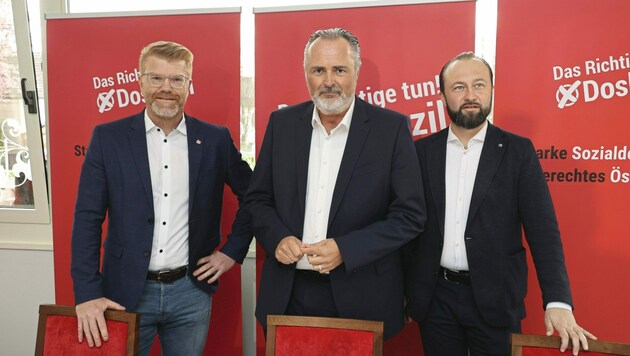 Auftakt zur SPÖ-Mitgliederbefragung: Harald Bergmann, Hans Peter Doskozil und Max Lercher (v. li.) (Bild: Christian Jauschowetz)