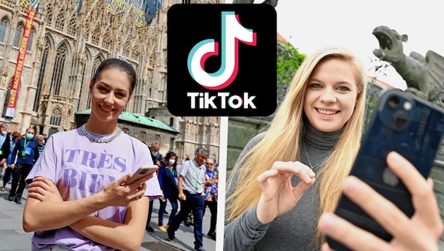 Die beiden Moderatorinnen Sarah Jahn in Wien (li.) und Jennifer Kapellari in Klagenfurt (re.) (Bild: TikTok, Zwefo, Evelyn Hronek Kamerawerk, Krone KREATIV)