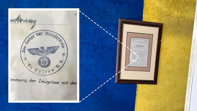 Das Dokument mit Hakenkreuz-Stempel hängt seit dem Jahr 2014 in der Berufsschule. (Bild: zVg, Krone KREATIV)