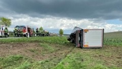 Nach dem fatalen Zusammenstoß landete der Lastwagen mit ungarischem Kennzeichen in der Wiese. Der Fahrer wurde sofort ins Krankenhaus gebracht. (Bild: FF Jois)