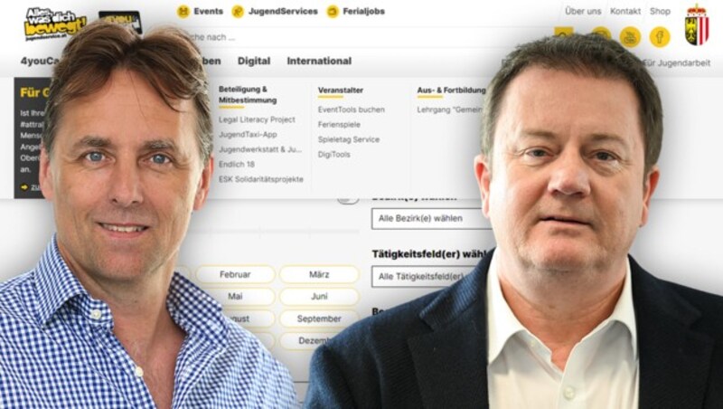 Michael Peham (l.) vom JugendService des Landes OÖ und Helmut Herzog von Hofmann Personal registrieren rückläufige Bewerbungen für Sommerjobs. (Bild: Markus Wenzel, Land OÖ, Krone KREATIV)