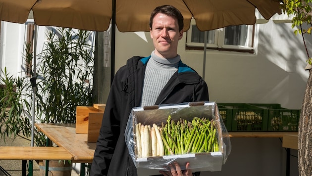 Andreas Haider verkauft wieder seinen gesunden Spargel. Die Saison geht traditionell bis 24. Juni. (Bild: Charlotte Titz)