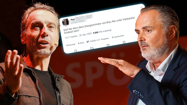 Ex-Bundeskanzler Christian Kern (li.) spricht sich für Hans Peter Doskozil als neuen SPÖ-Chef aus. Das gefällt nicht allen Parteimitgliedern. (Bild: APA, Screenshot/Twitter, Krone KREATIV)