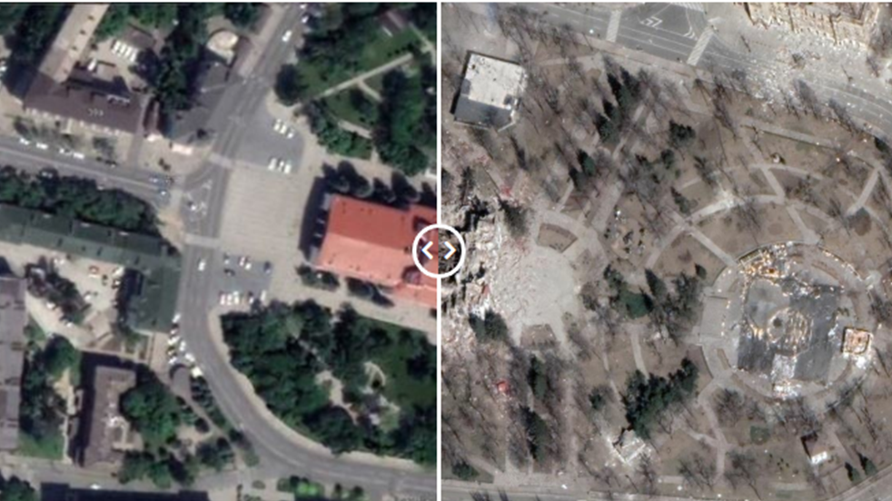 Das Theater von Mariupol wurde völlig zerstört. (Bild: Google Earth)