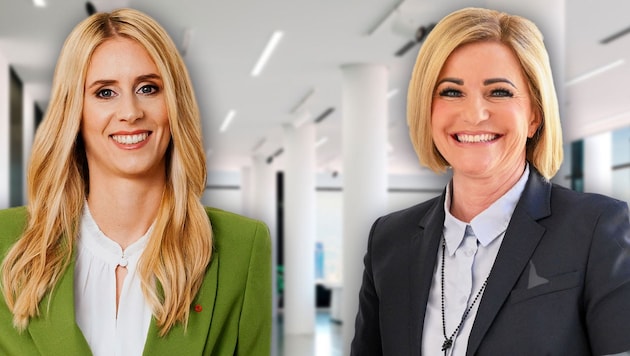 Isabella Lehner ist die erste Frau im Oberbank-Vorstand, Iris Schmidt (r.) übernimmt den Chefsessel beim AMS OÖ. (Bild: Oberbank/Sabine Kneidinger, Harald Dostal, stock.adobe.com, Krone KREATIV)